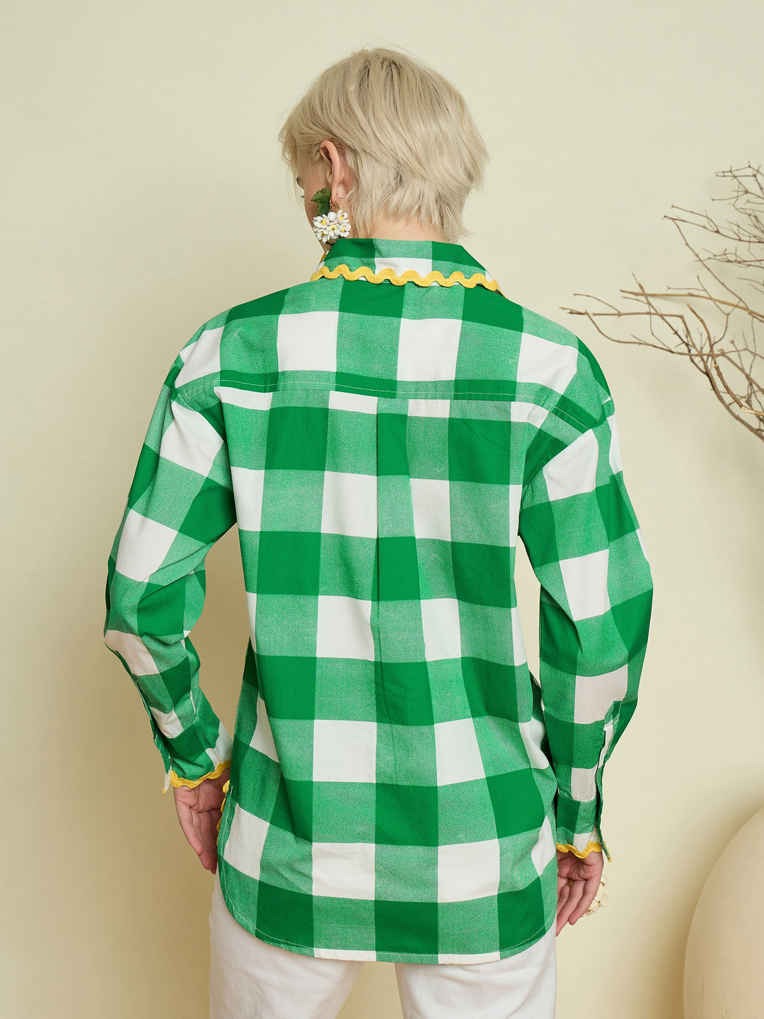 Women Green Big Check Ric Rac Regular Shirt