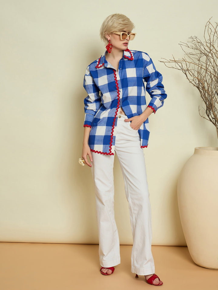Women Blue Big Check Ric Rac Regular Shirt