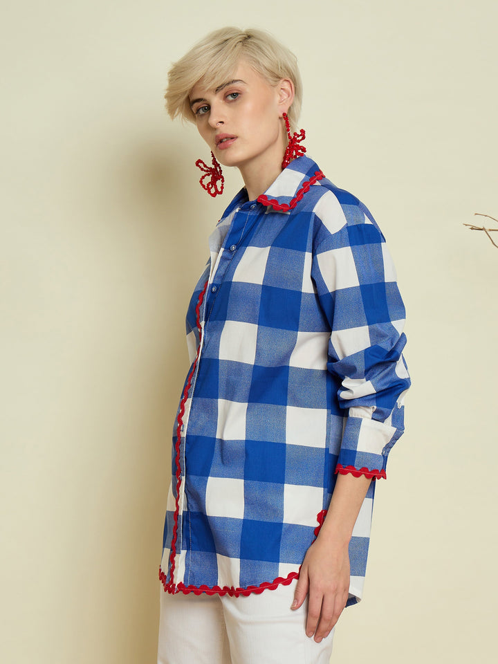 Women Blue Big Check Ric Rac Regular Shirt