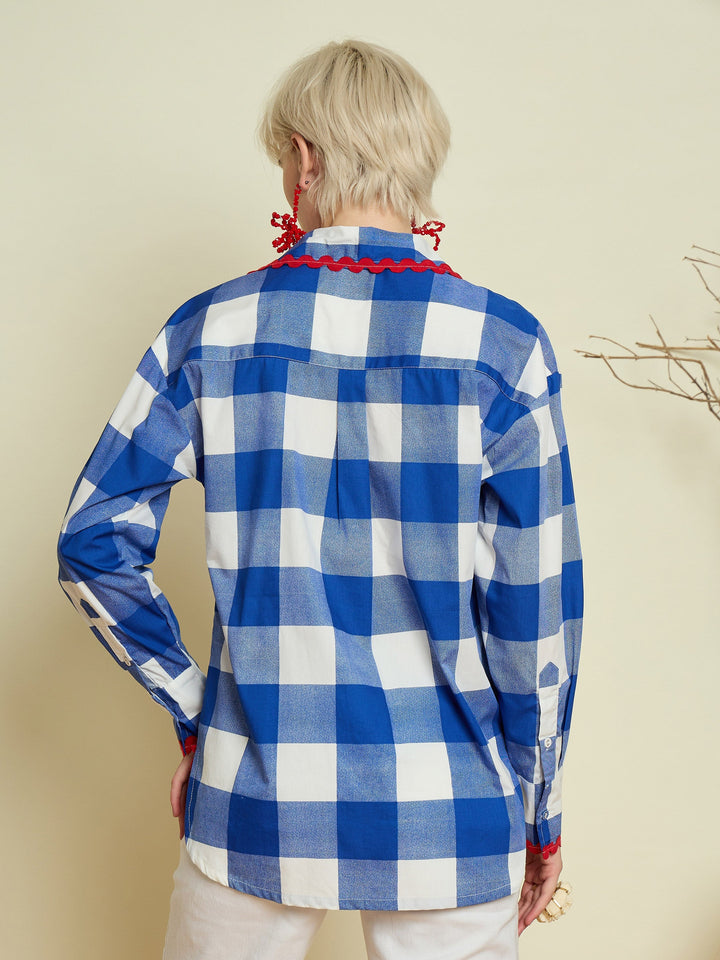Women Blue Big Check Ric Rac Regular Shirt