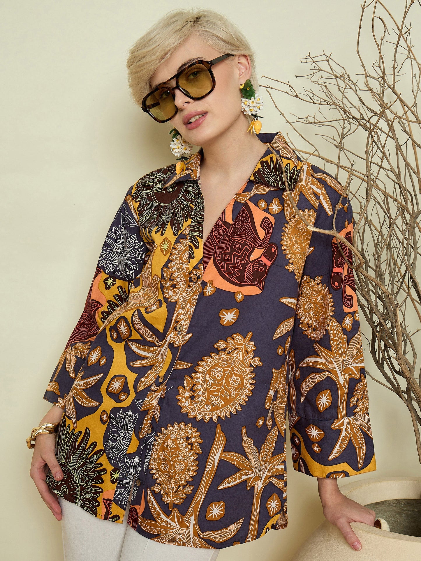 Women Grey Boho Printed Bell Sleeves Regular Shirt