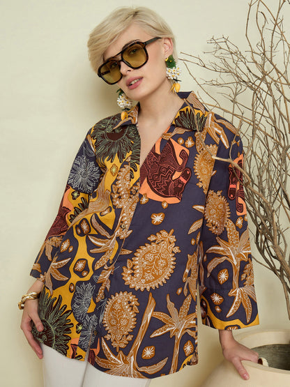 Women Grey Boho Printed Bell Sleeves Regular Shirt