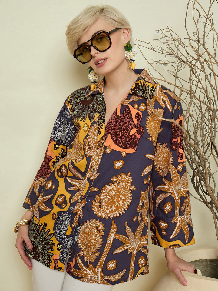 Women Grey Boho Printed Bell Sleeves Regular Shirt