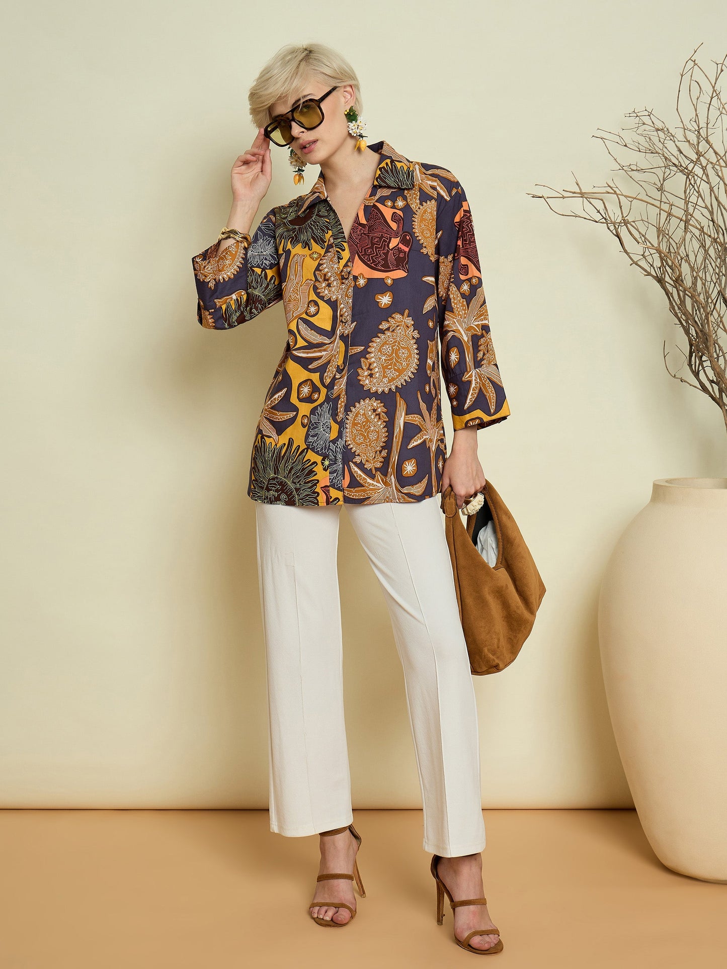 Women Grey Boho Printed Bell Sleeves Regular Shirt