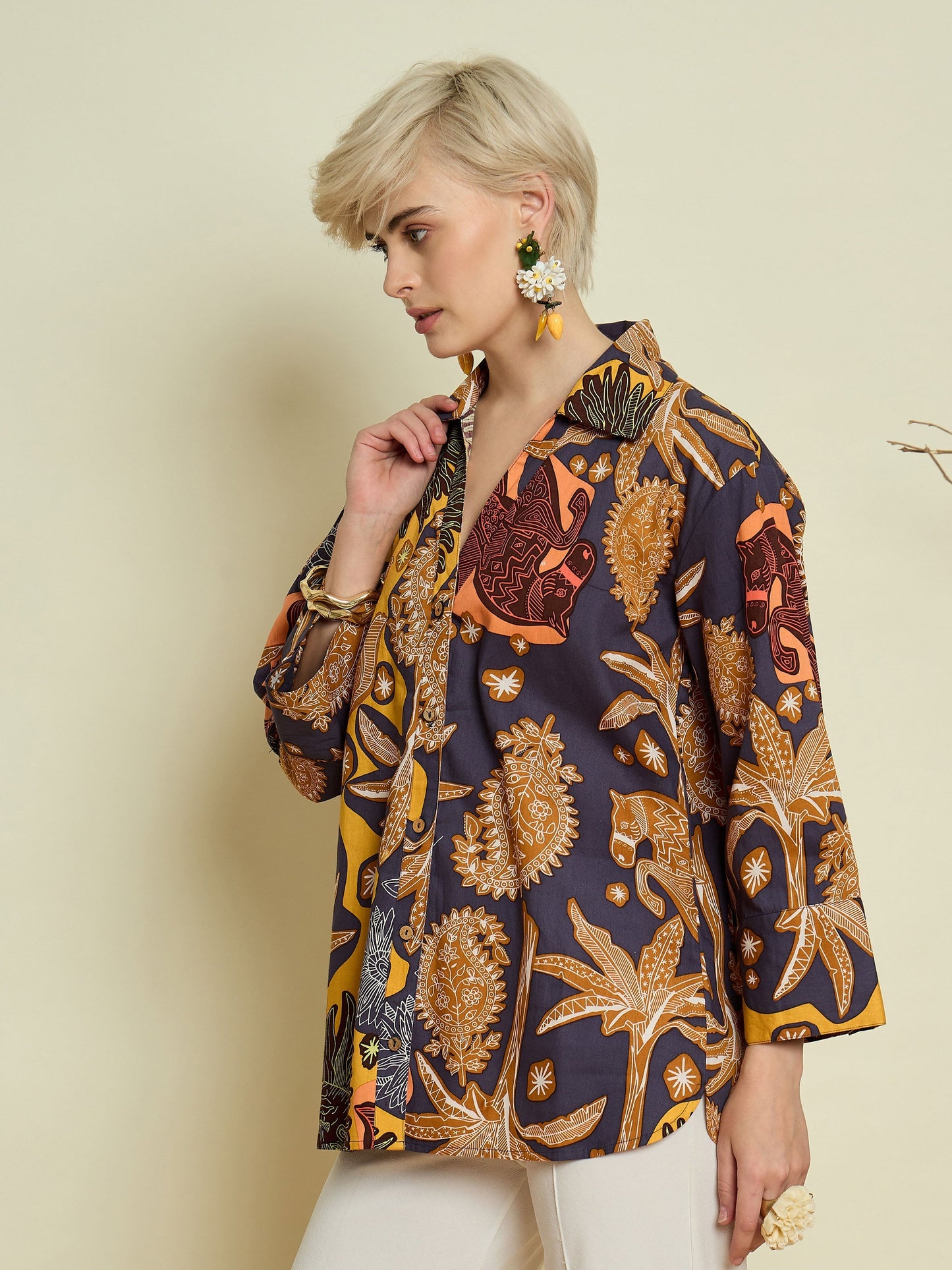 Women Grey Boho Printed Bell Sleeves Regular Shirt