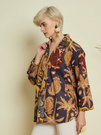 Women Grey Boho Printed Bell Sleeves Regular Shirt