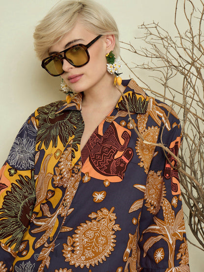 Women Grey Boho Printed Bell Sleeves Regular Shirt