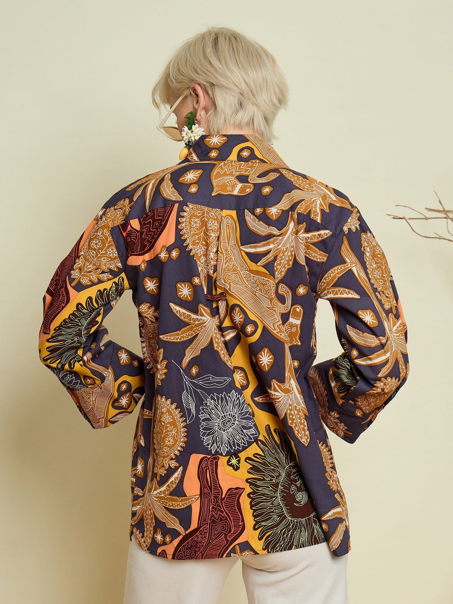 Women Grey Boho Printed Bell Sleeves Regular Shirt