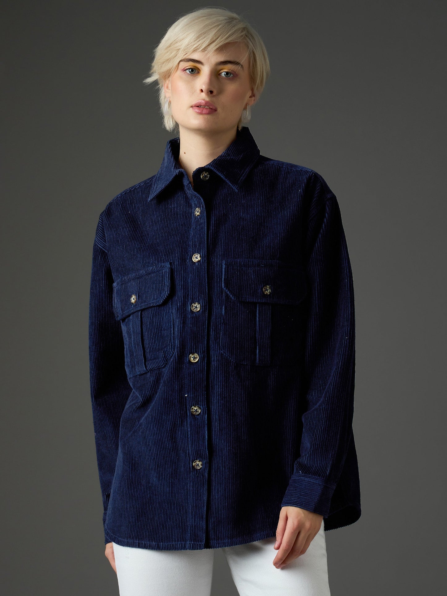 Women Navy Blue Corduroy Oversized Shirt