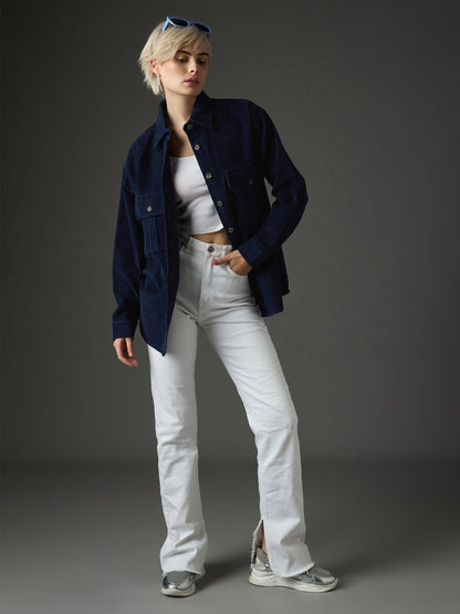 Women Navy Blue Corduroy Oversized Shirt
