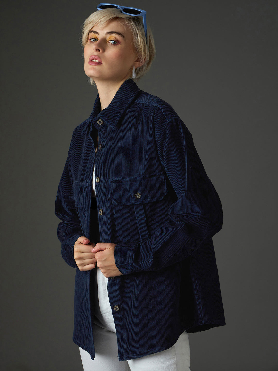 Women Navy Corduroy Oversized Shirt