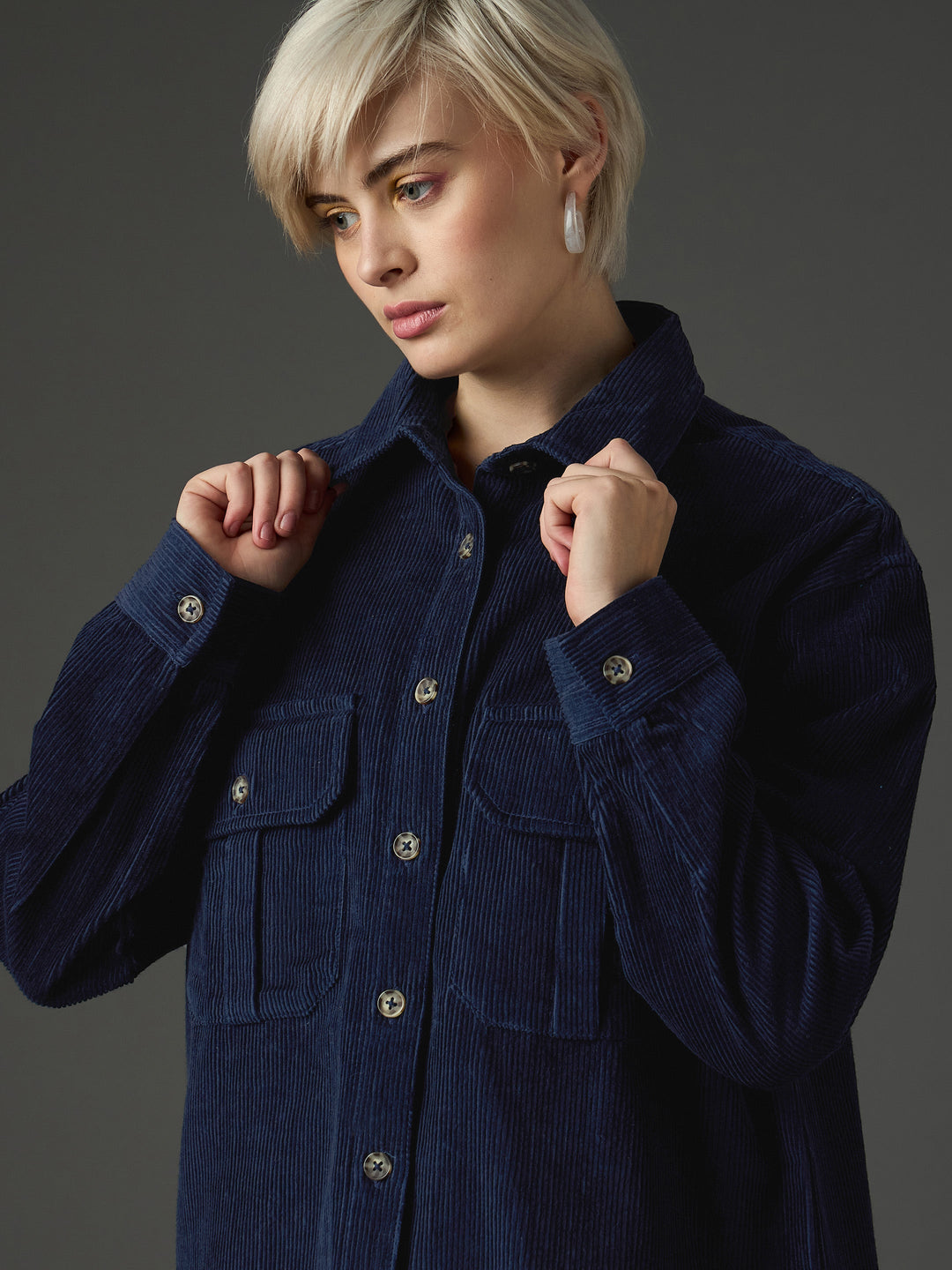 Women Navy Corduroy Oversized Shirt