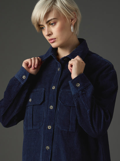 Women Navy Blue Corduroy Oversized Shirt