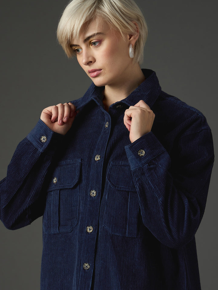 Women Navy Corduroy Oversized Shirt