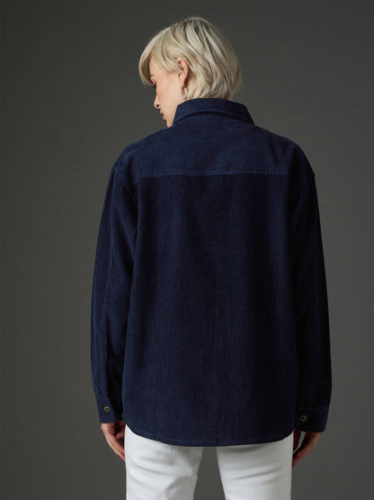 Women Navy Blue Corduroy Oversized Shirt