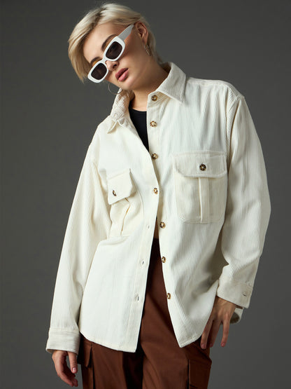 Women White Corduroy Oversized Shirt
