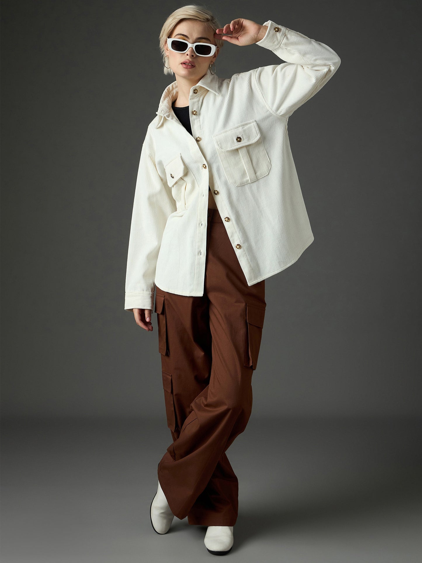 Women White Corduroy Oversized Shirt