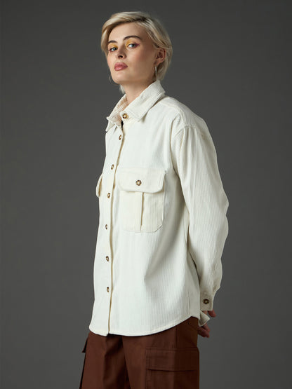 Women White Corduroy Oversized Shirt