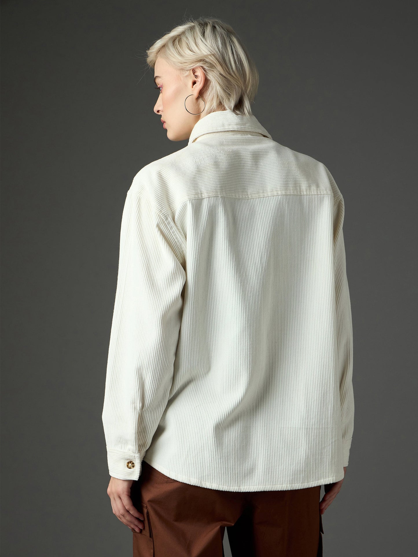 Women White Corduroy Oversized Shirt