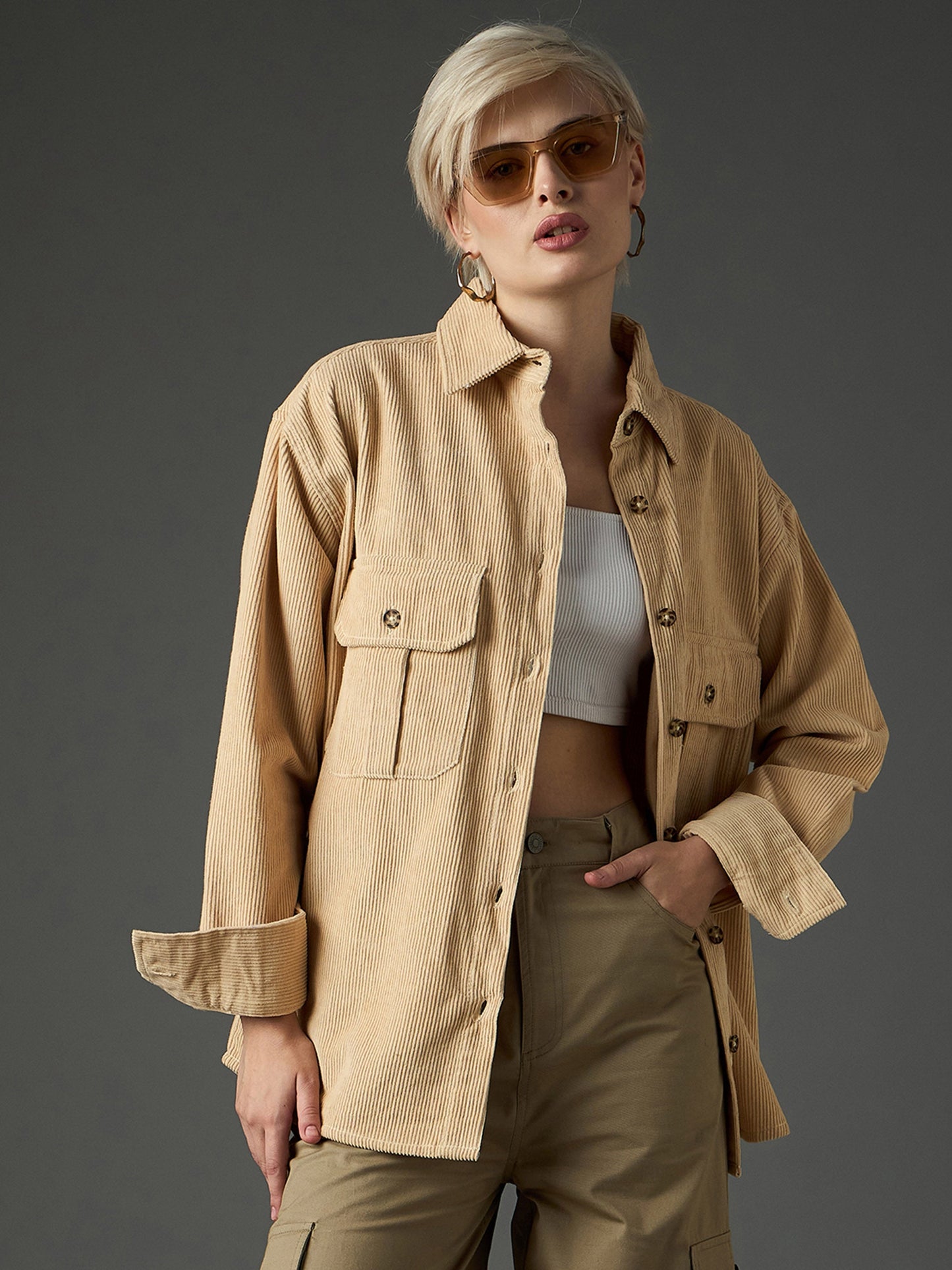 Women Light Beige Corduroy Oversized Shirt