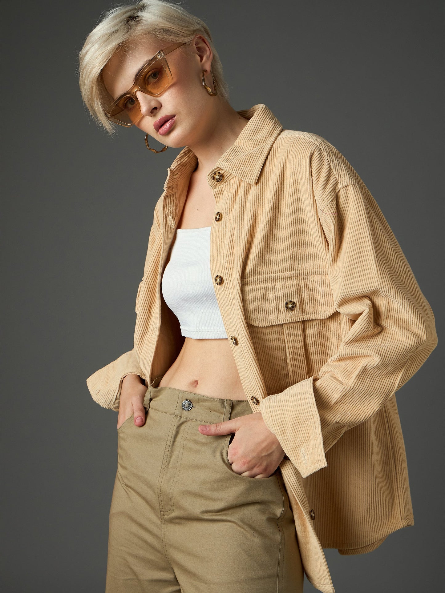 Women Light Beige Corduroy Oversized Shirt