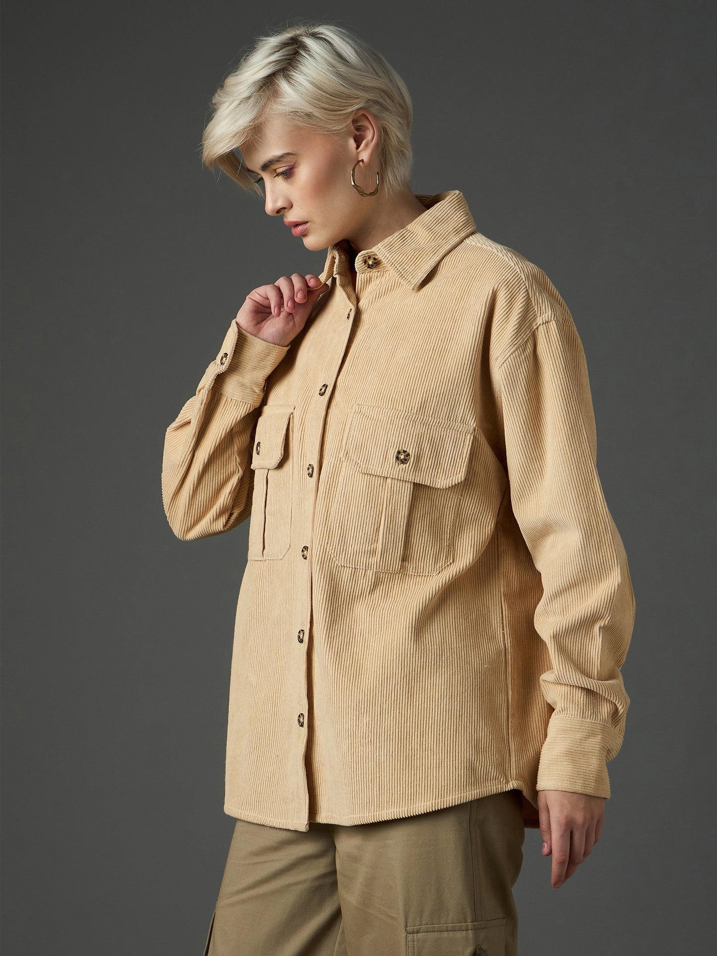Women Light Beige Corduroy Oversized Shirt
