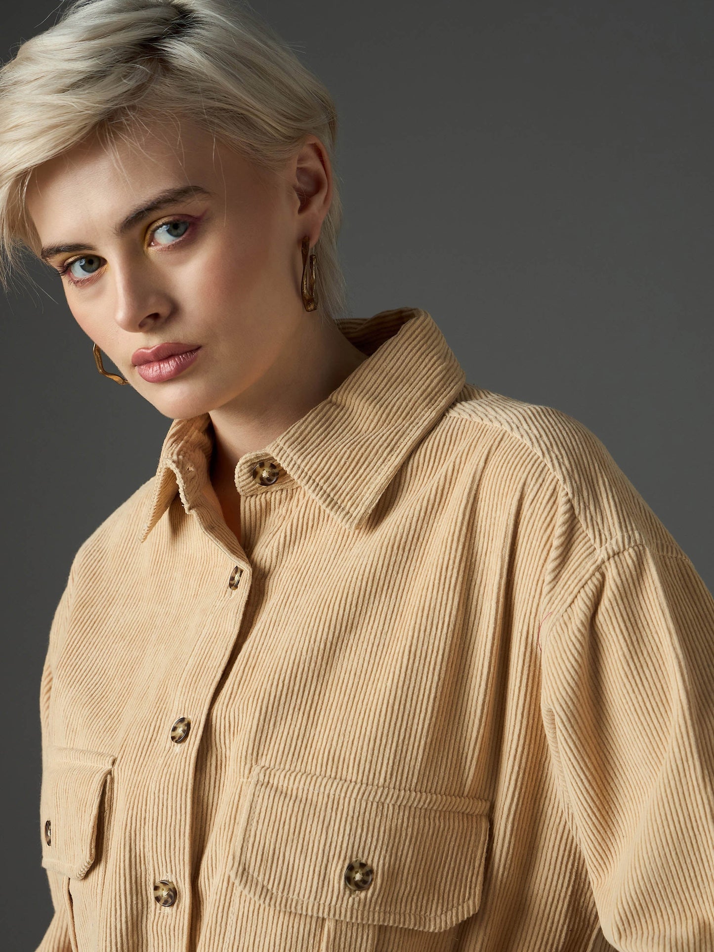 Women Light Beige Corduroy Oversized Shirt
