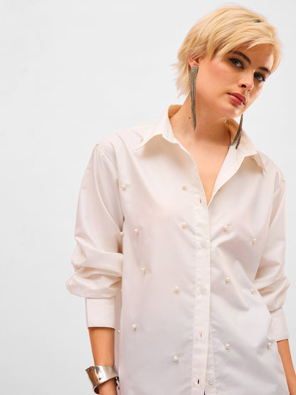 White Pearl Studded Regular Shirt