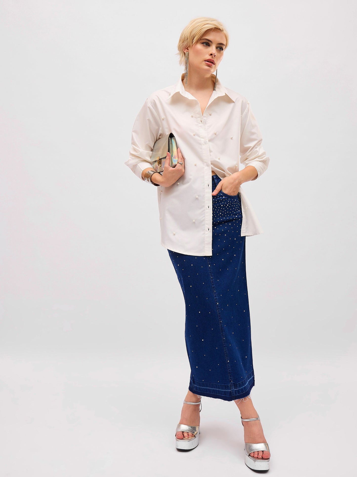 White Pearl Studded Regular Shirt