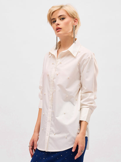 White Pearl Studded Regular Shirt