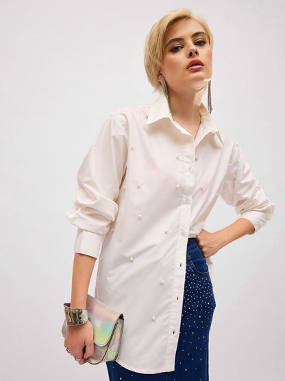 White Pearl Studded Regular Shirt