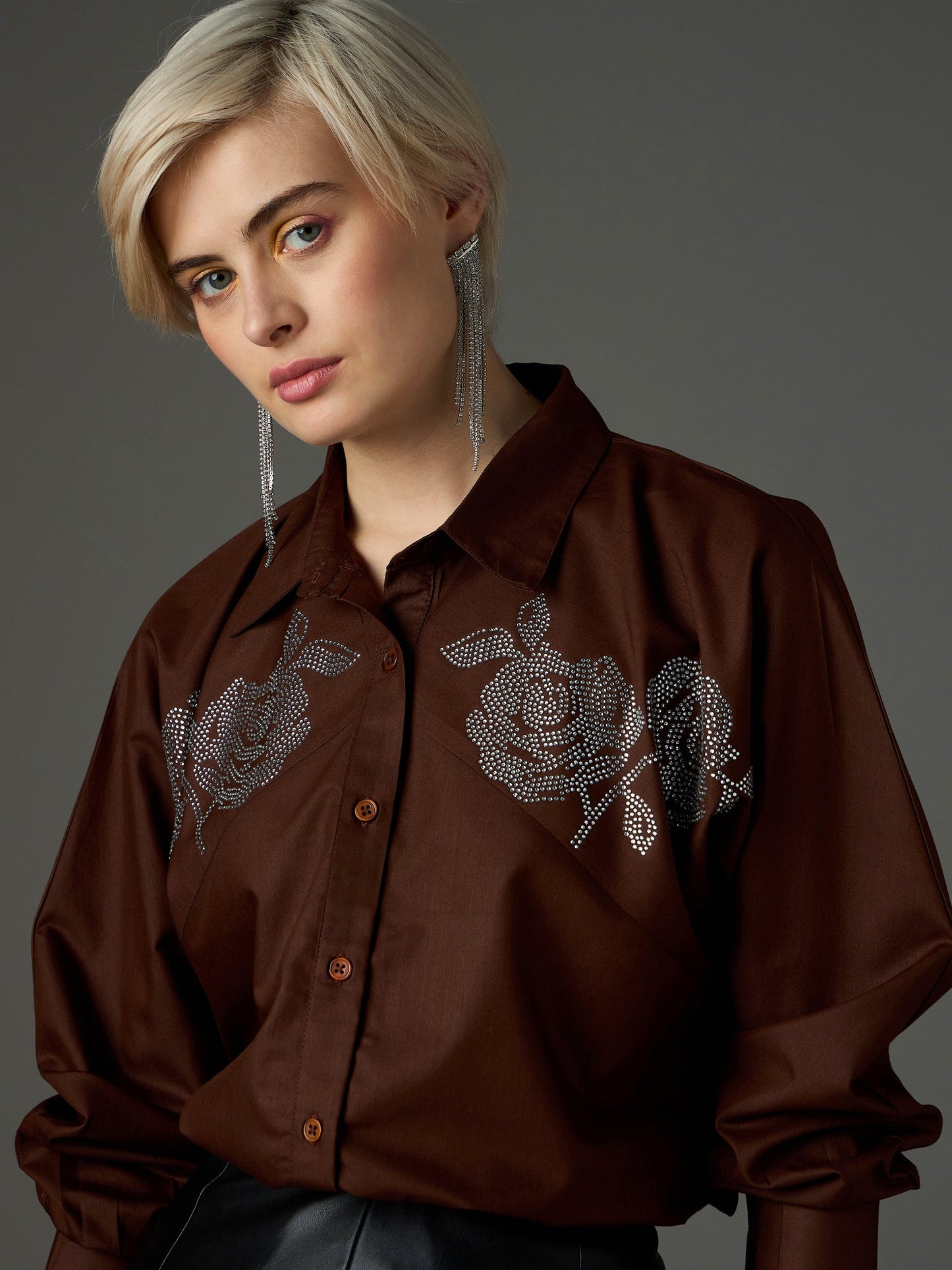 Women Coffee Brown Shoulder Patch Regular Shirt