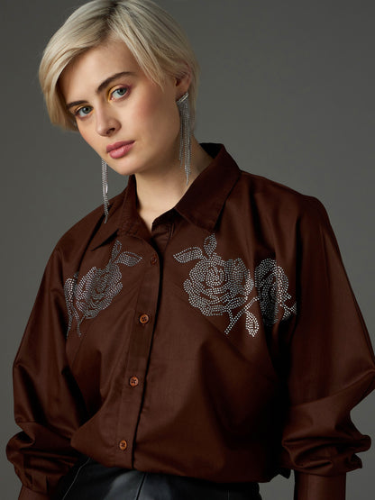 Women Coffee Brown Shoulder Patch Regular Shirt