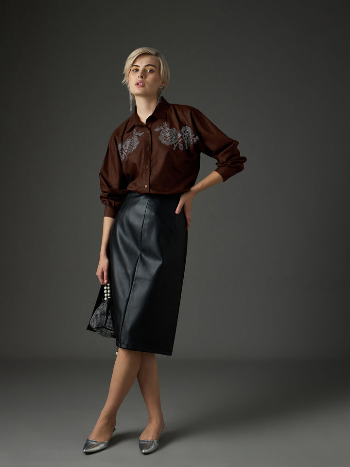 Women Coffee Brown Shoulder Patch Regular Shirt