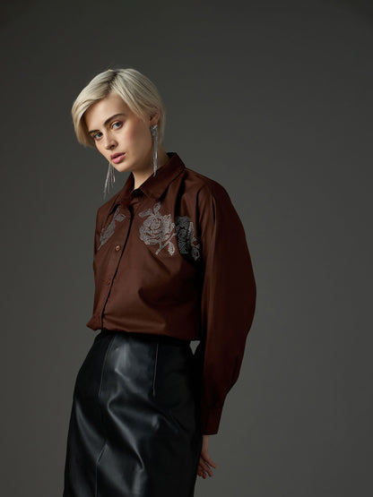 Women Coffee Brown Shoulder Patch Regular Shirt