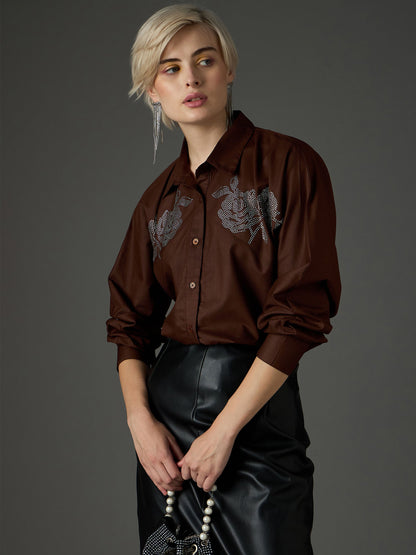 Women Coffee Brown Shoulder Patch Regular Shirt