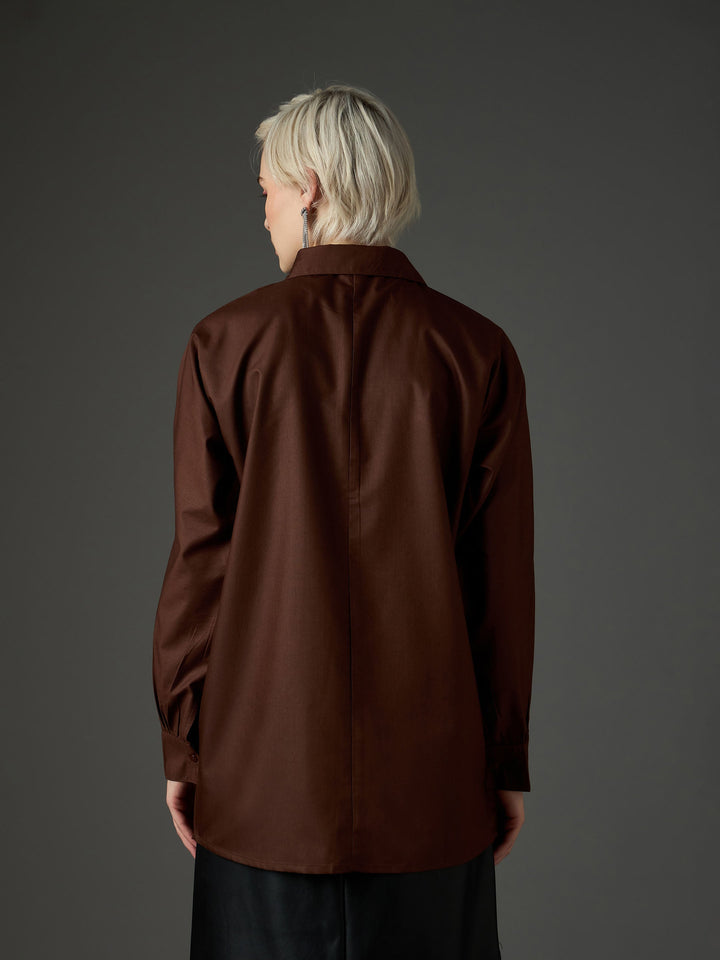Women Coffee Brown Shoulder Patch Regular Shirt