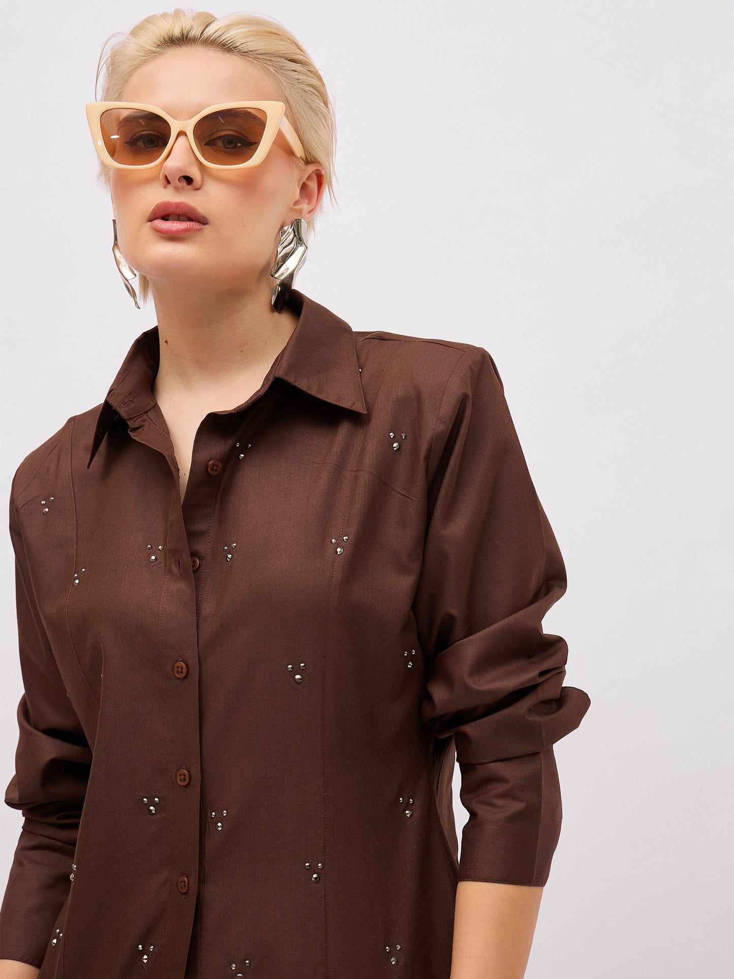 Women Coffee Brown Front Studded Slim Fit Shirt