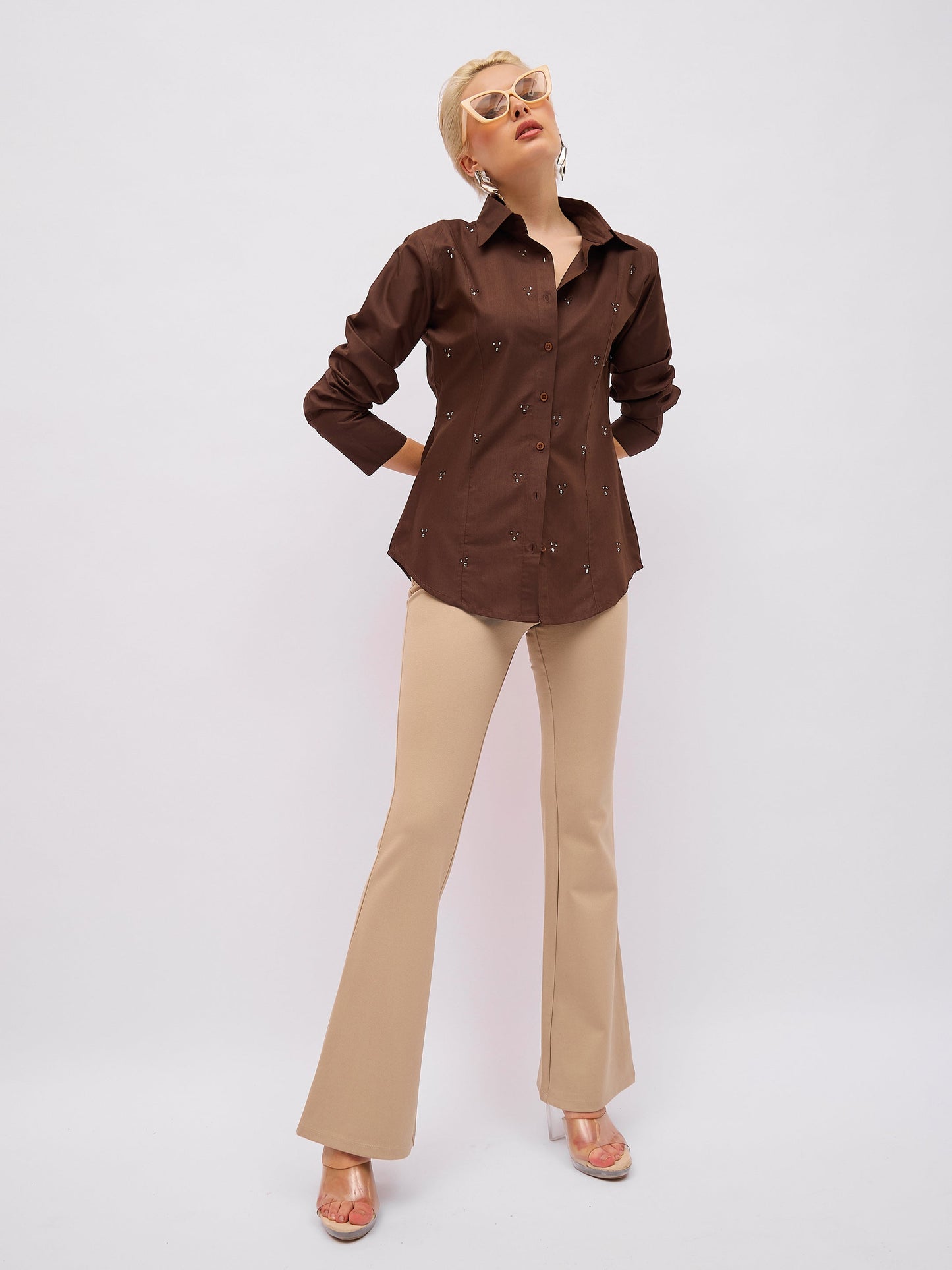 Women Coffee Brown Front Studded Slim Fit Shirt