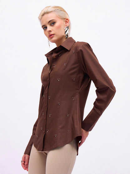 Women Coffee Brown Front Studded Slim Fit Shirt