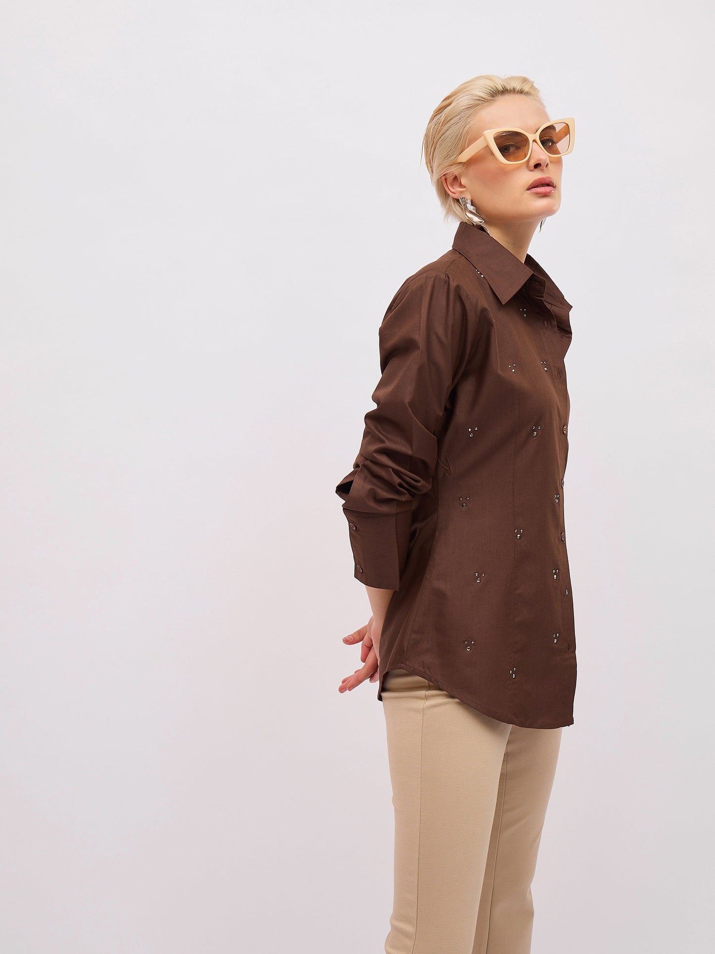 Women Coffee Brown Front Studded Slim Fit Shirt