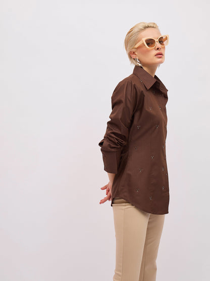 Women Coffee Brown Front Studded Slim Fit Shirt
