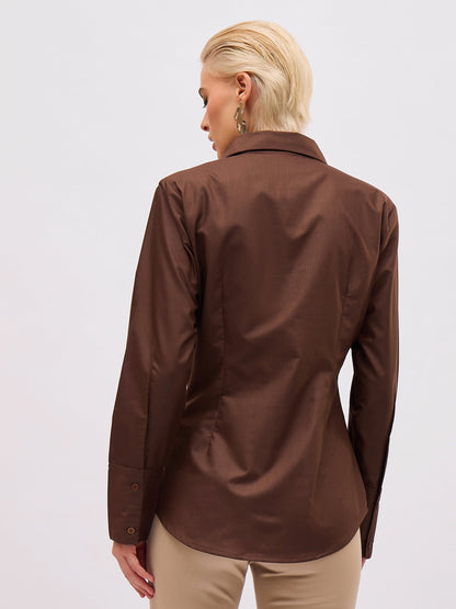 Women Coffee Brown Front Studded Slim Fit Shirt