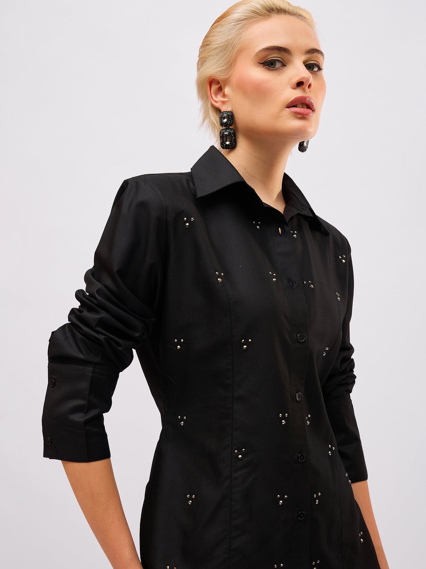 Women Black Front Studded Slim Fit Shirt