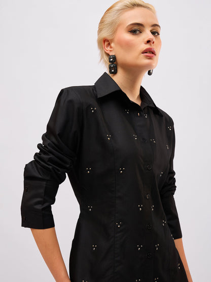 Women Black Front Studded Slim Fit Shirt