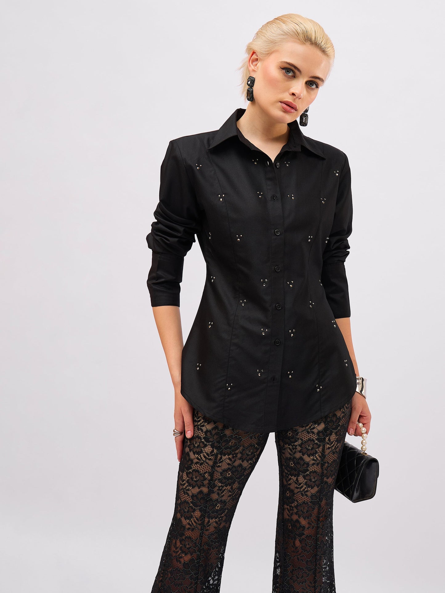 Women Black Front Studded Slim Fit Shirt