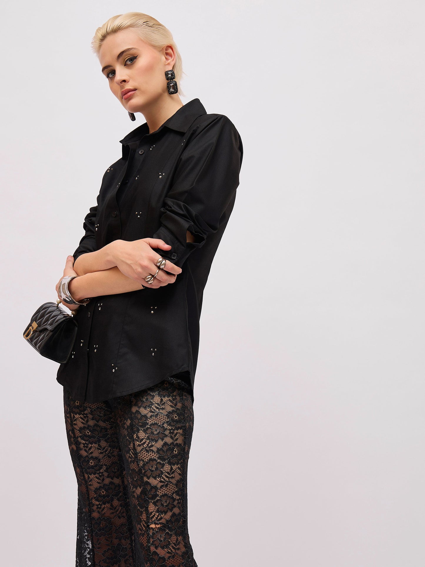 Women Black Front Studded Slim Fit Shirt