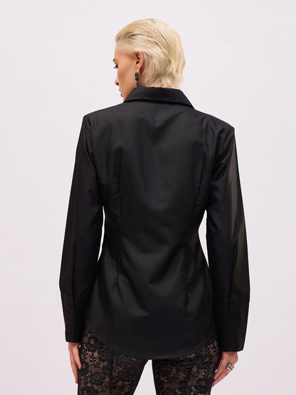 Women Black Front Studded Slim Fit Shirt