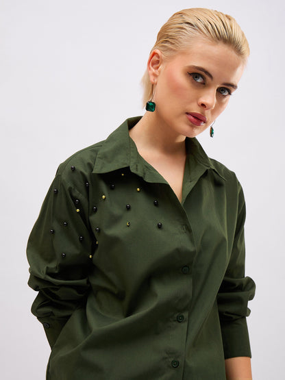 Olive Pearl Studded Regular Shirt