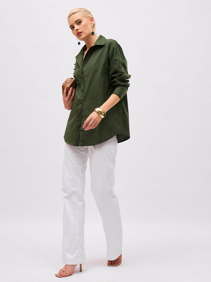 Olive Pearl Studded Regular Shirt